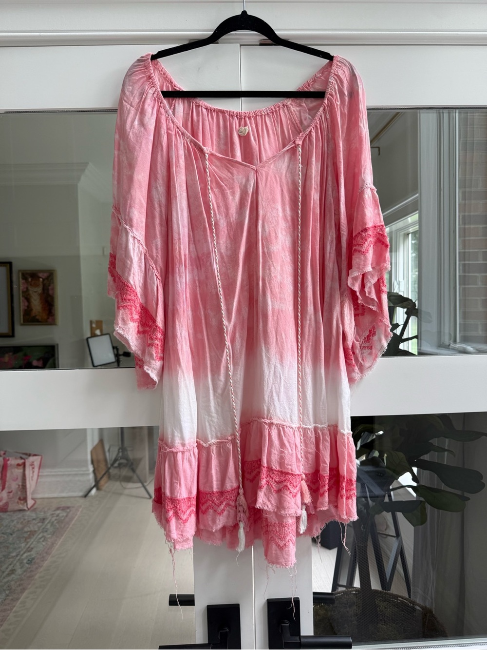 Surf Gypsy - Boho Pink Ombre Off-the-shoulder Coverup Dress with Lace Trim